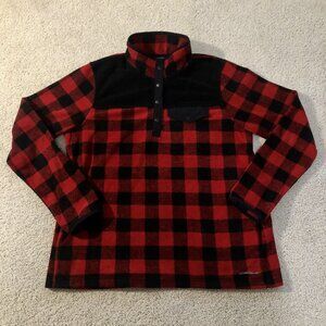 Eddie Bauer Fleece Pullover Sweater 1/4 Snap Large Red Black Buffalo Check